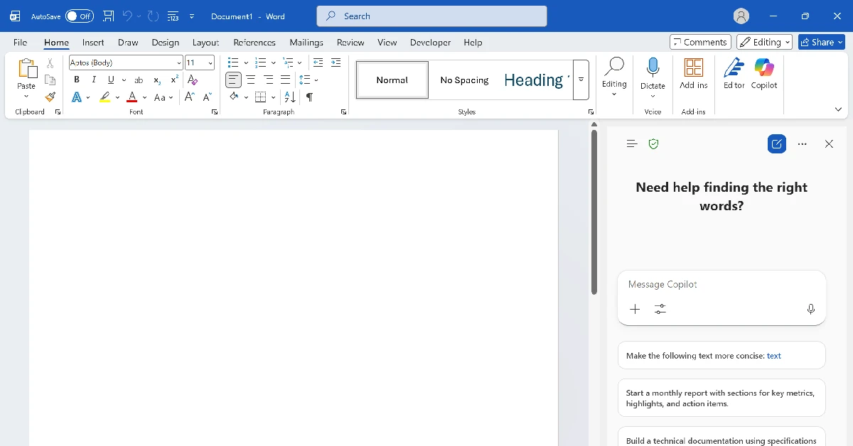 Copilot will open in a pane on the right side of the screen.