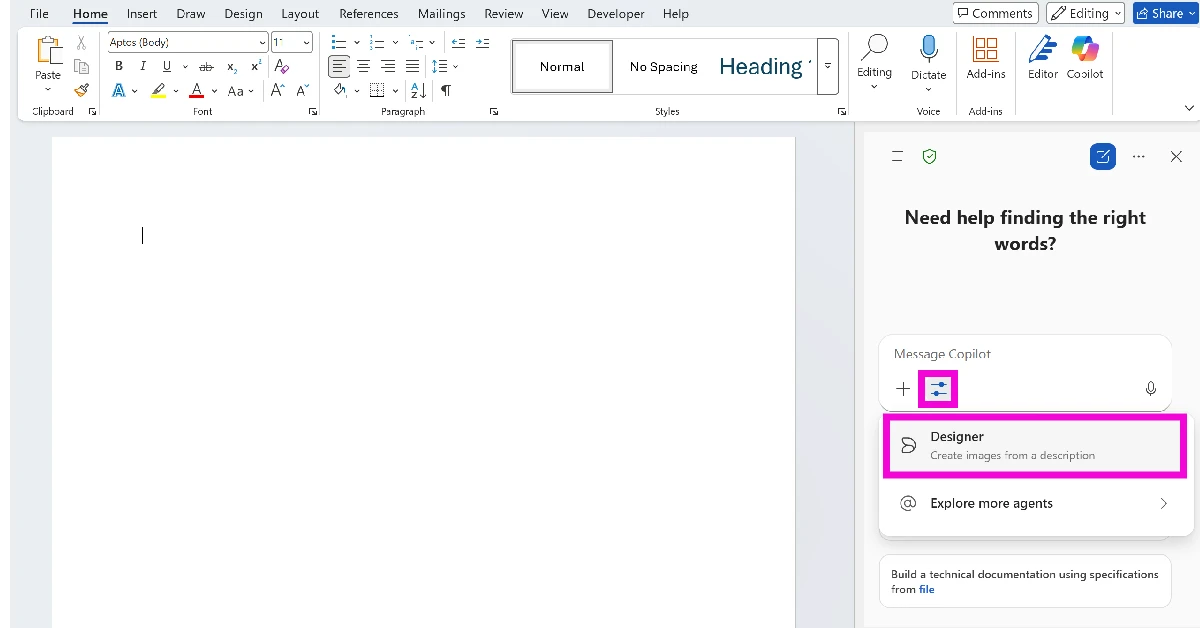 Hit the filter icon below the text box and select Designer.