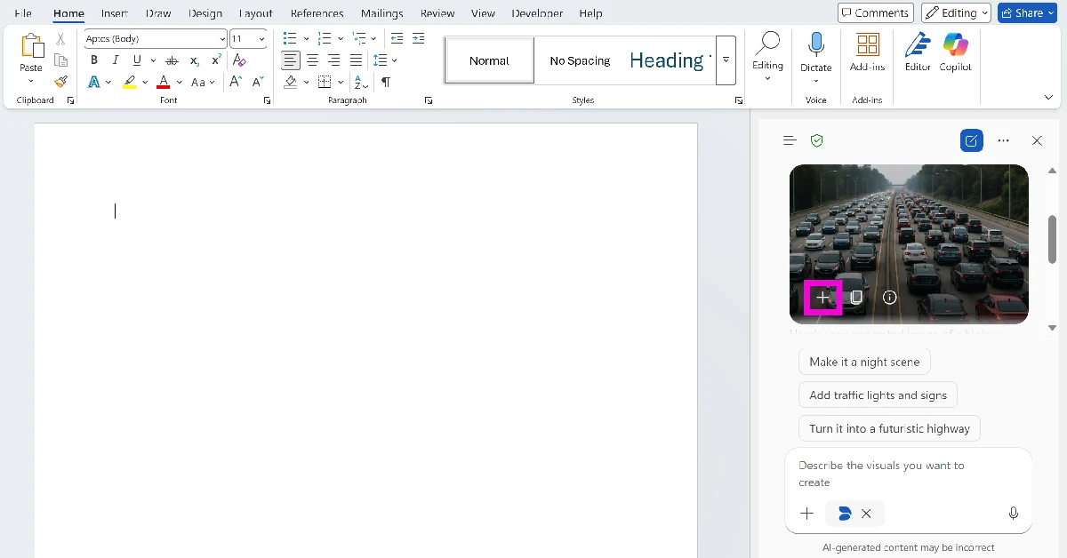 Once the image has been generated, click the plus icon to insert it into the document.