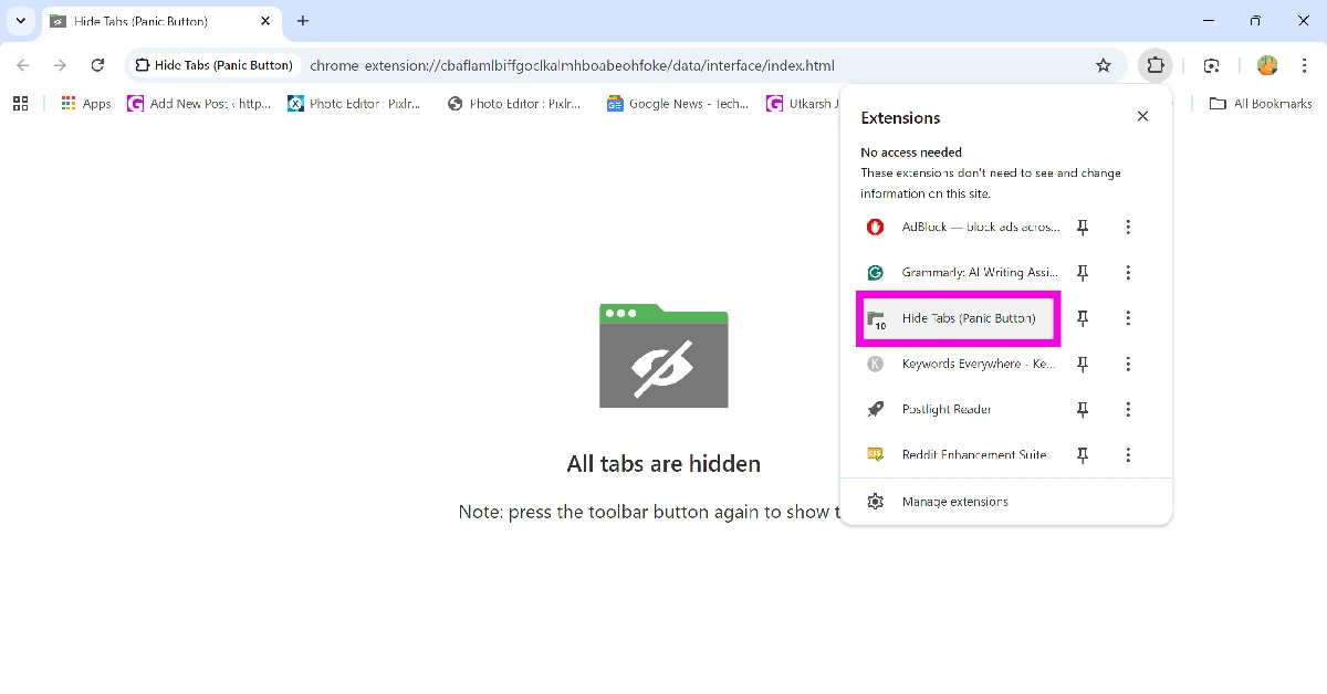 Step 4: Click the Hide Tabs extension again to restore all hidden tabs.