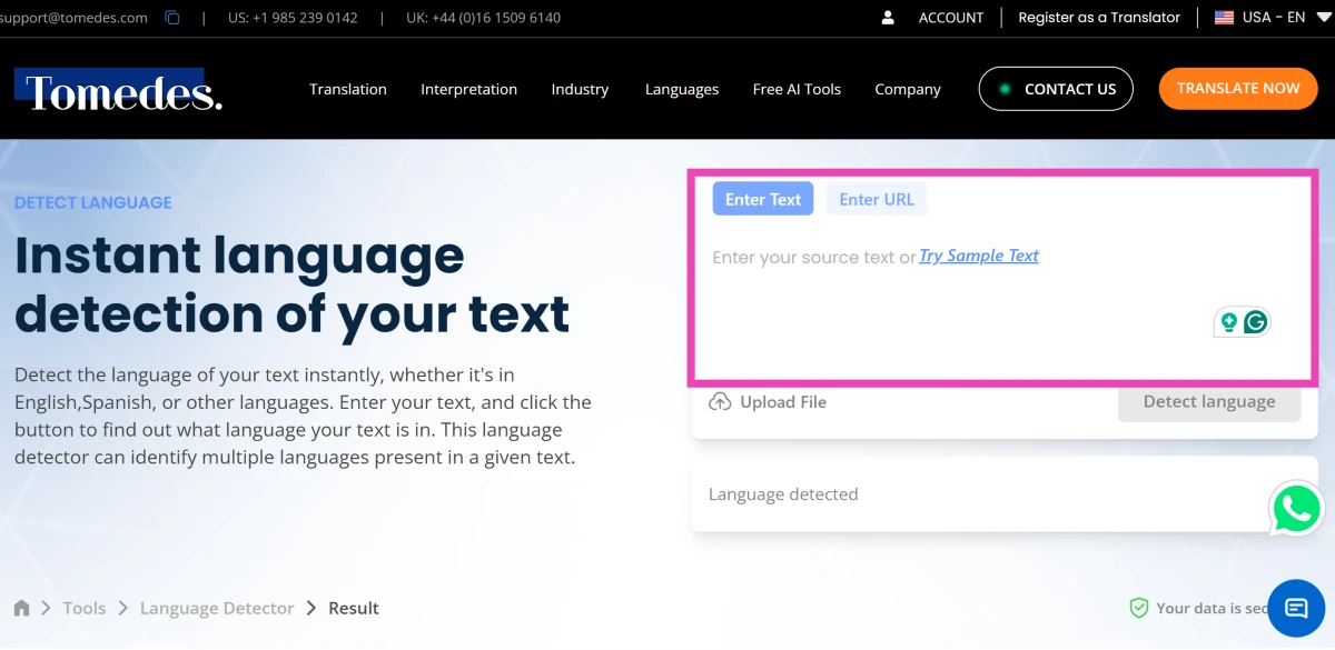 Step 2: Paste the text into the text box on the right. You can enter the URL of the website hosting the text or upload a file as well.