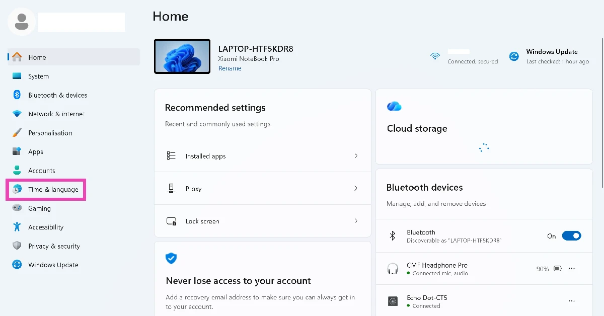 Select Time & language from the sidebar.