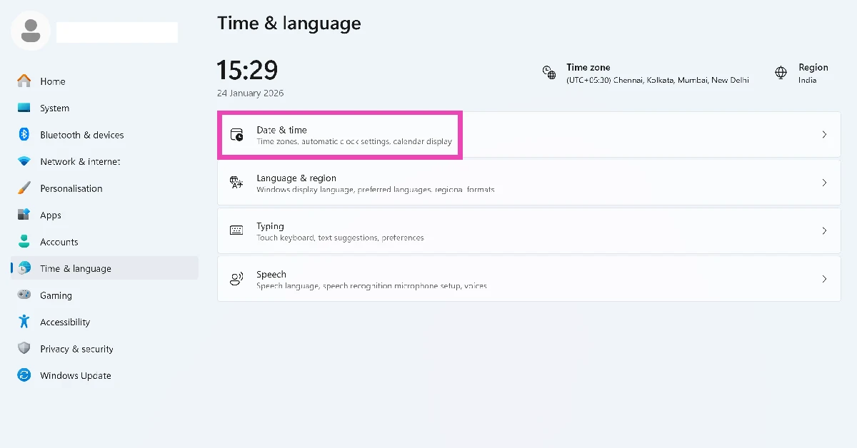 Click on Date & time.