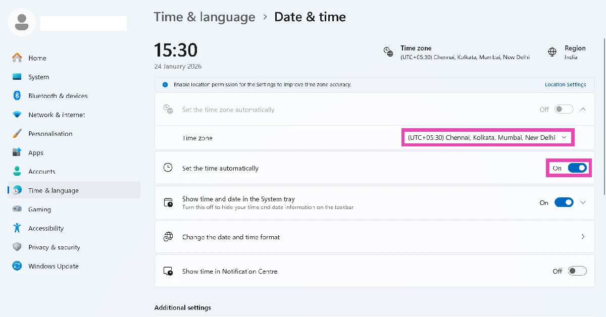 Click the dropdown menu next to Time zone and select the appropriate option.