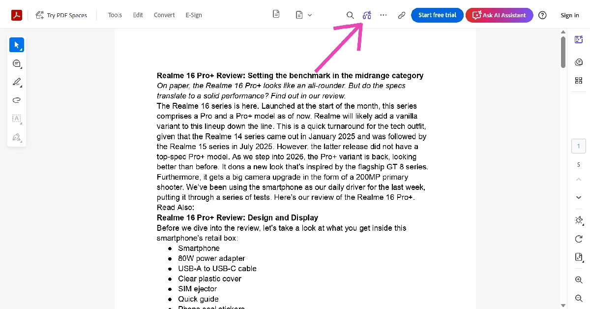 The document will load on a new page. Hit the headphones icon in the top menu.