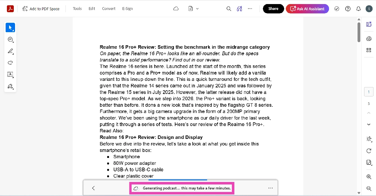 Adobe will start generating your podcast. This will take a few minutes.