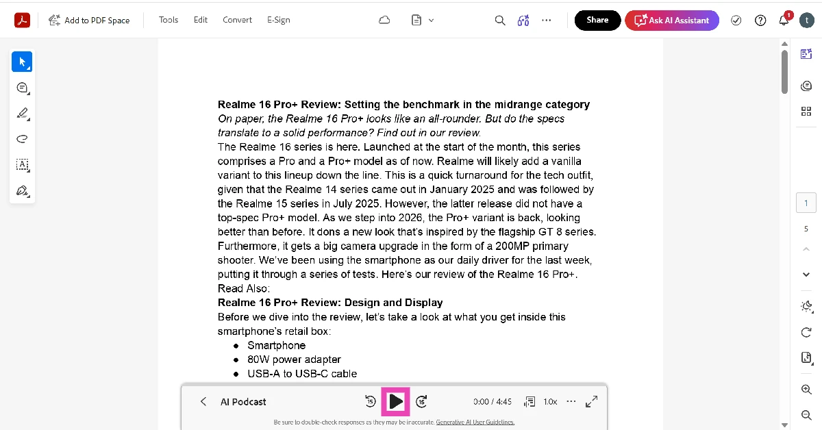 Once the podcast has been generated, hit the play icon at the bottom of the screen. How to turn a PDF document into a podcast using Adobe