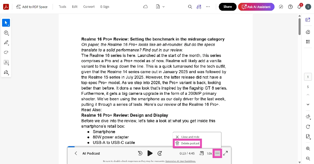 To delete the podcast, hit the ellipses and select Delete podcast. How to turn a PDF document into a podcast using Adobe
