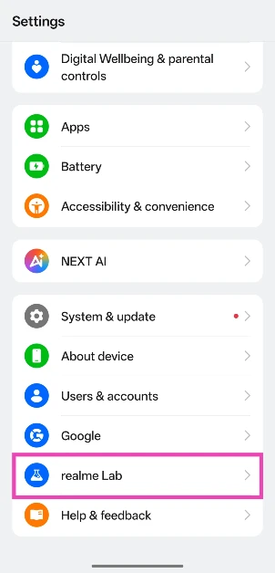 Scroll down and tap on Realme Lab.