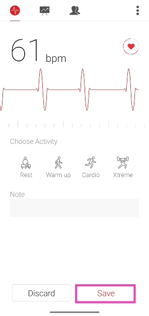 Once the app is done measuring your heart rate, hit Save to record the reading.