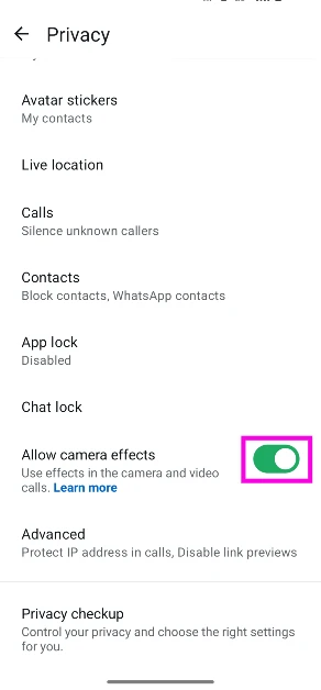 Step 4: Turn on the toggle switch next to Allow camera effects.