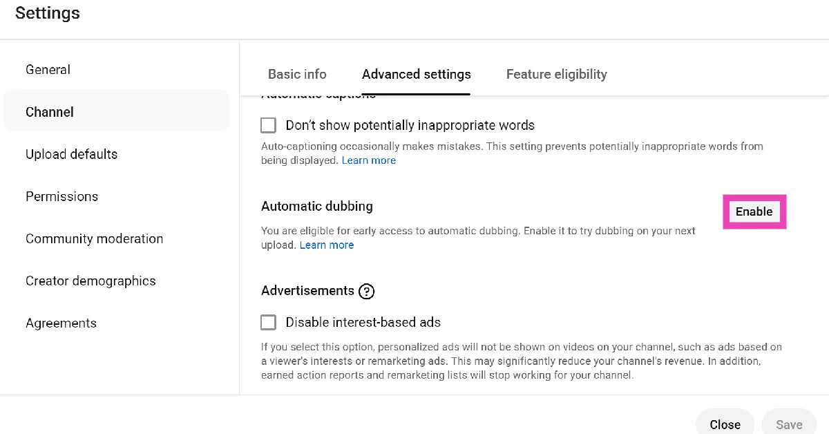 Scroll down and hit Enable next to Automatic dubbing.