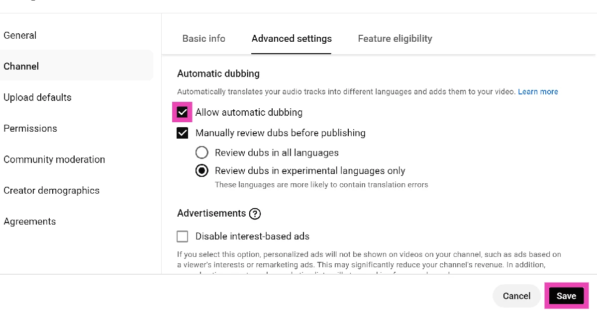 Tick the checkbox next to Allow automatic dubbing.