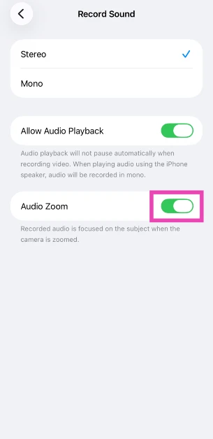 Turn off the toggle switch next to Audio Zoom.
