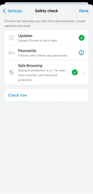 Step 6: Google Chrome will run a safety check, and the problematic issues will be flagged. Tap on an issue to view how it can be corrected.