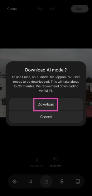 Download the AI model required to use the eraser tool. This will take 15-20 minutes.