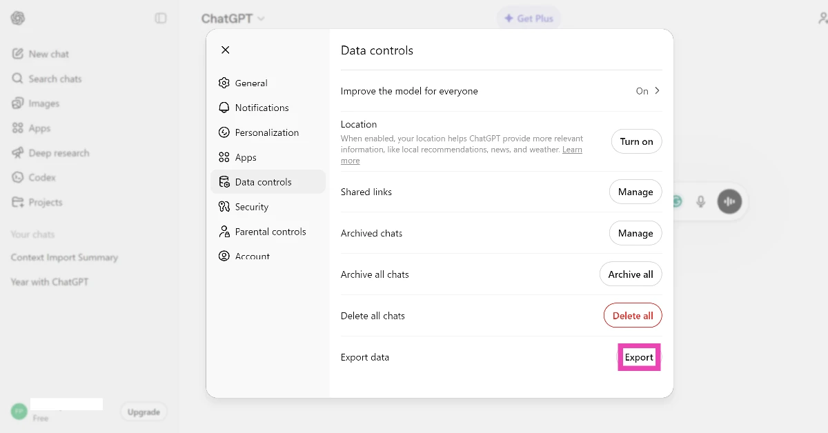 Hit Export next to Export data. How to import your ChatGPT memory and chat history to Gemini