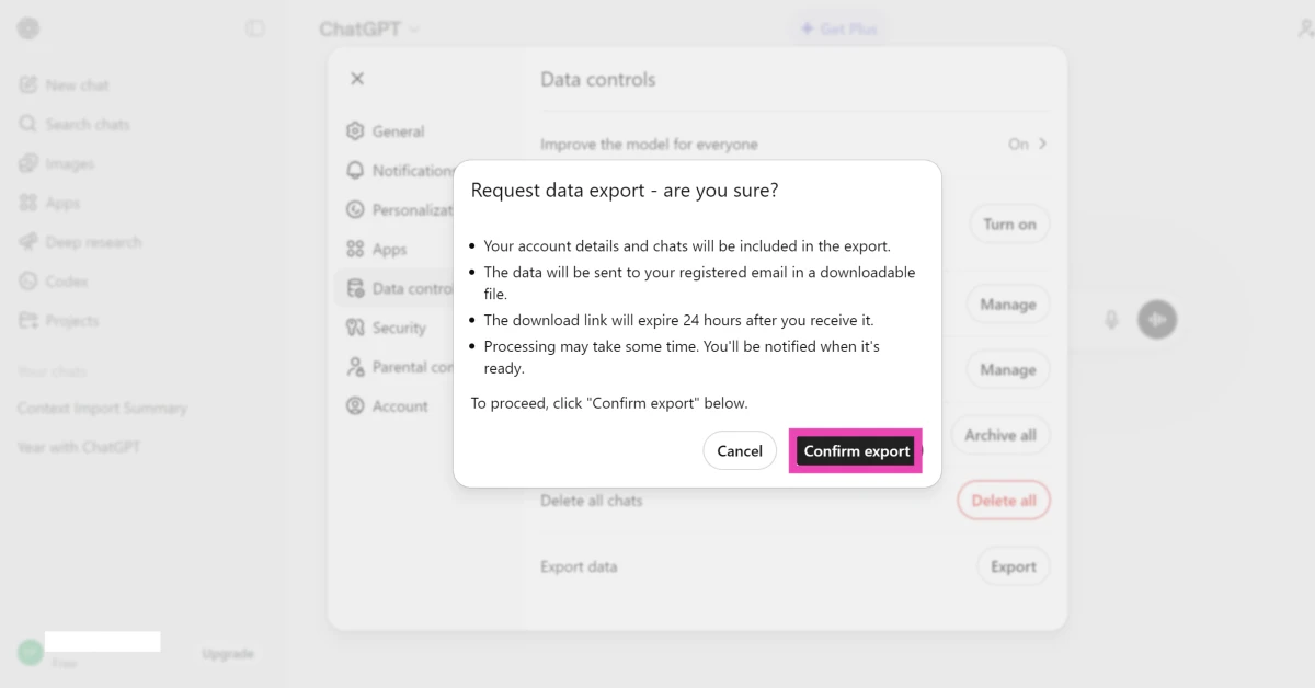 Click on Confirm export. How to import your ChatGPT memory and chat history to Gemini