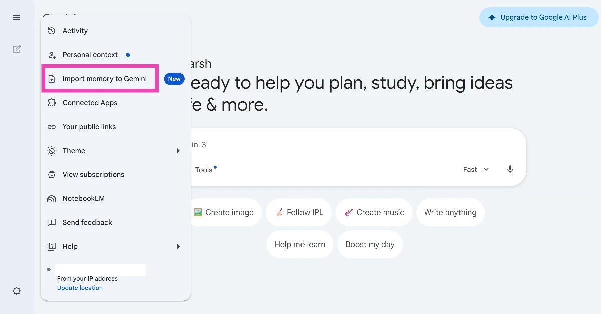 Click on Import memory to Gemini.