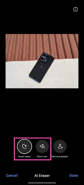 Step 6: Choose a tool to select unwanted objects in the picture. ‘Smart Lasso’ lets you select unwanted objects by circling them, while ‘Paint Over’ does the same by making you highlight them. How to use the AI Eraser on OnePlus smartphones?