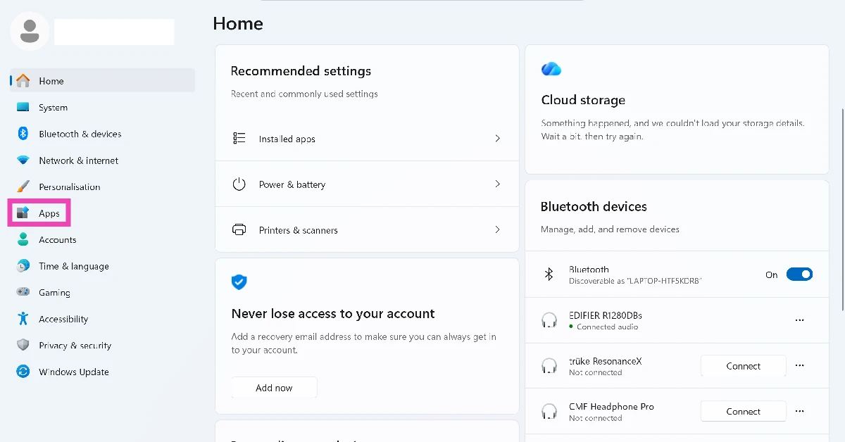 Step 1: Go to Settings and select Apps from the sidebar.