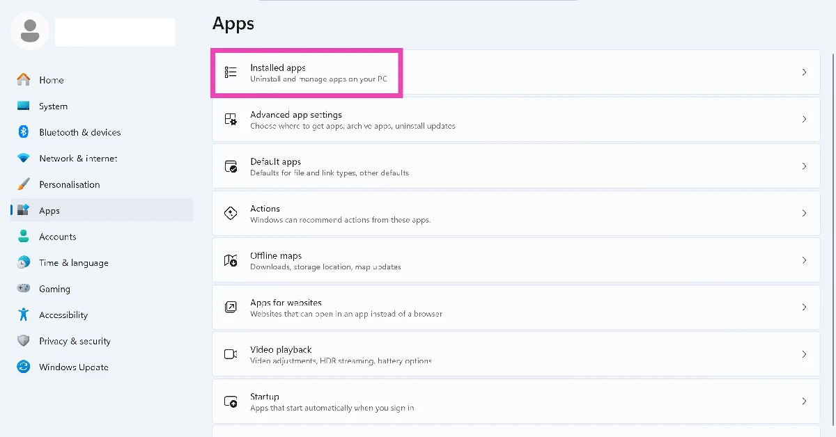 Step 2: Click on Installed apps.