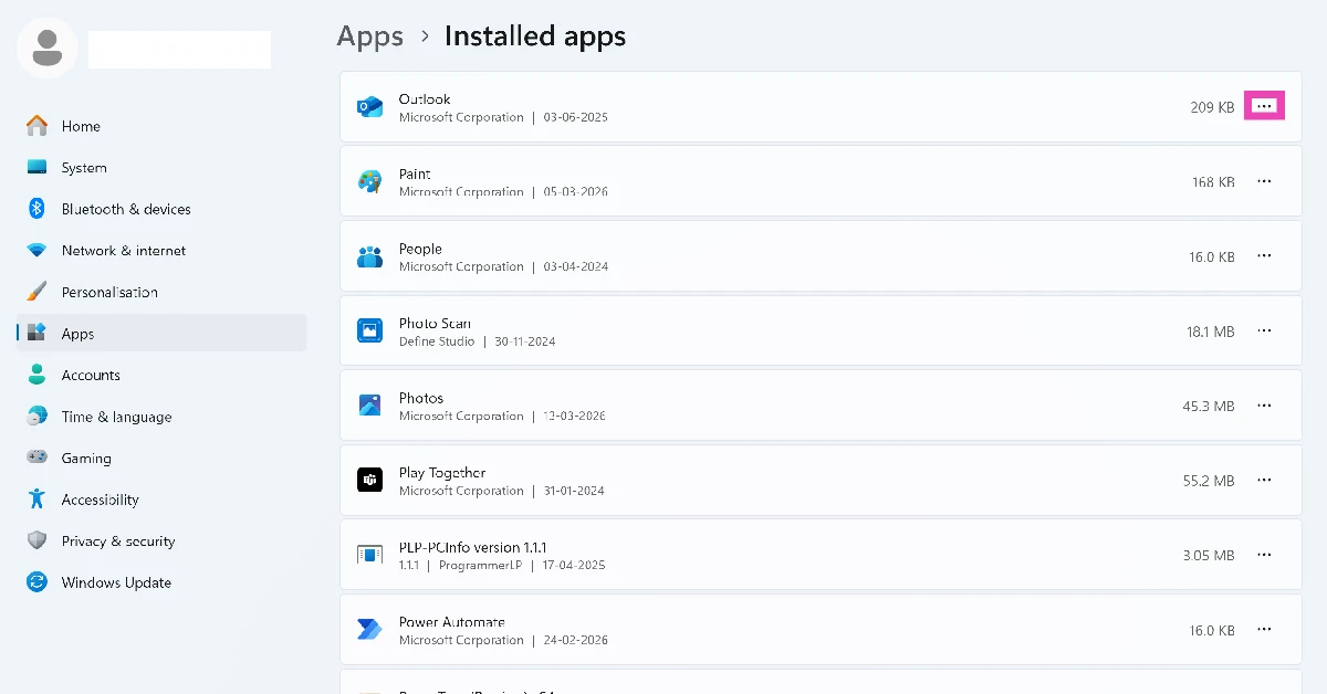 Step 3: Hit the ellipses next to Outlook.