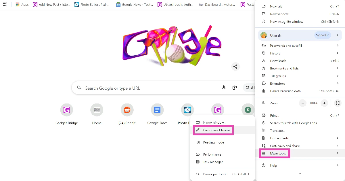 Go to More tools>Customise Chrome.