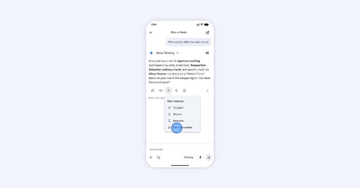 Screenshot of the Gemini app menu showing the Don't personalise feature