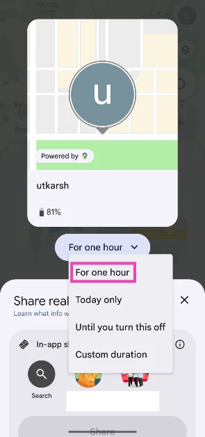 Step 5: Choose the duration for which you want to share your location.