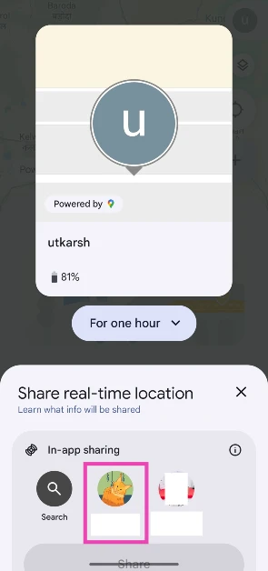 Step 6: Select the contact with whom you want to share your location. If the contact isn't on Find Hub, tap on Share link.