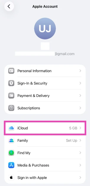 Step 2: Scroll down and tap on iCloud.