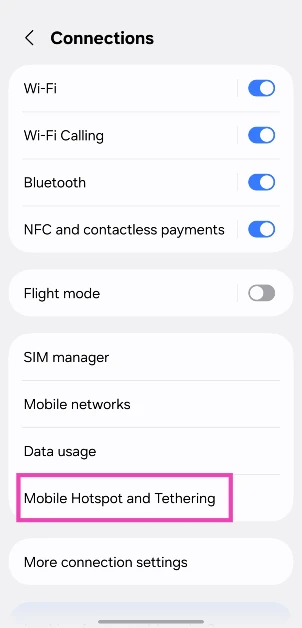 Step 2: Tap on Mobile hotspot and Tethering. Alternatively, you can swipe down on the status bar to reveal the Quick Settings Menu and long-press the hotspot tile.