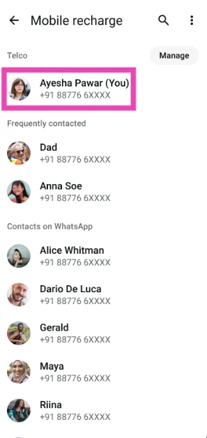 Select your phone number. You can also recharge someone else’s phone by selecting them from your list of contacts.