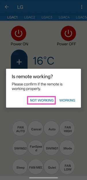 Step 4: If the remote control doesn't work, tap on Not Working to move on to the next remote.