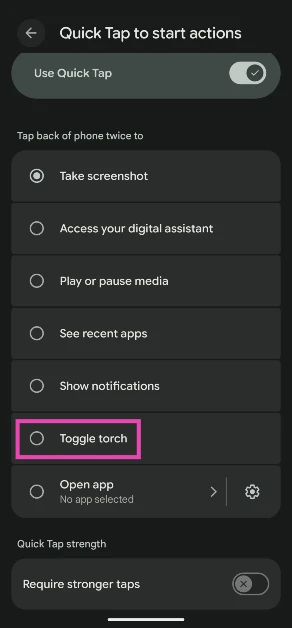 Step 5: Select Toggle torch.