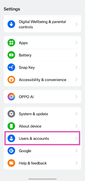 Step 1: Go to Settings and select Users and accounts.