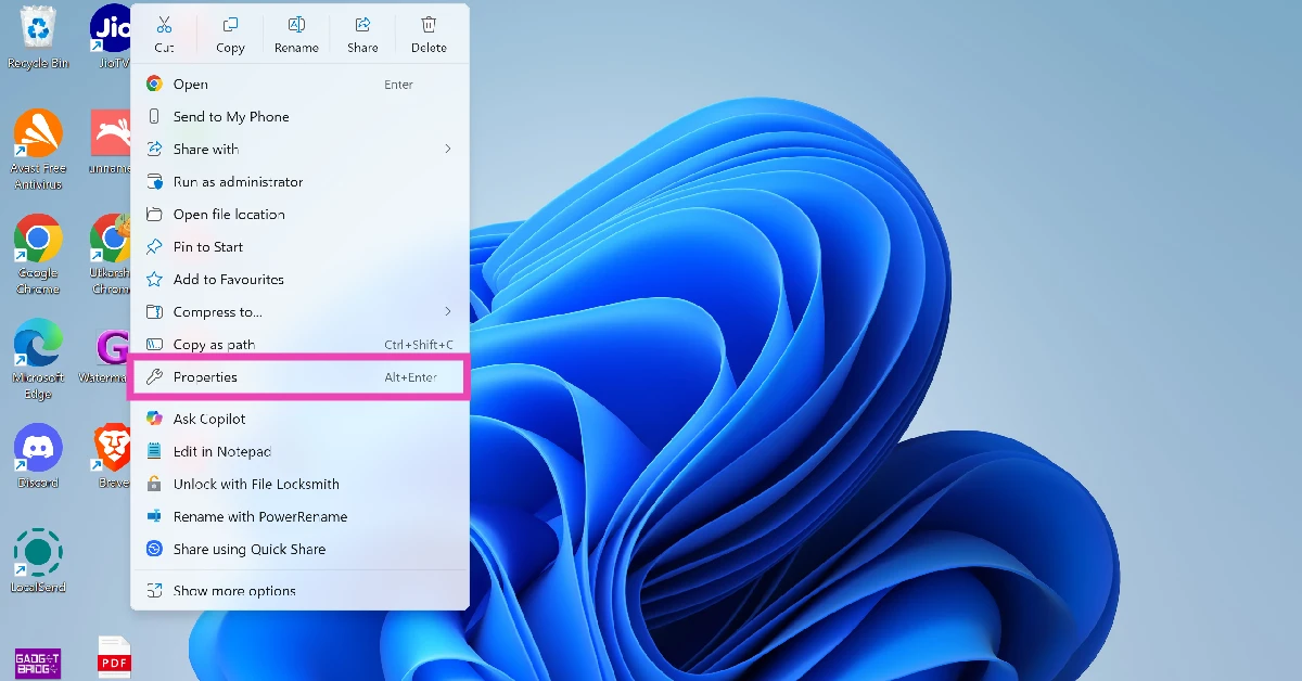 Step 2: Click on Properties and go to the Shortcut tab.