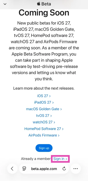Launch Safari and go to https://beta.apple.com/.