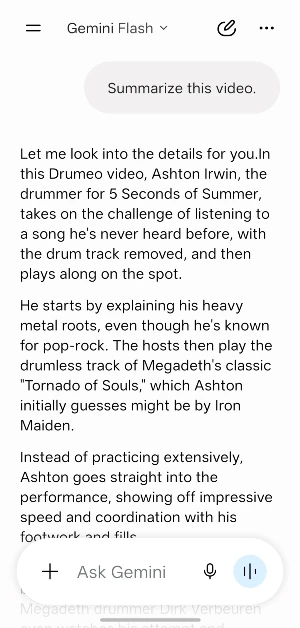 Step 5: Gemini Live will summarise the video for you.