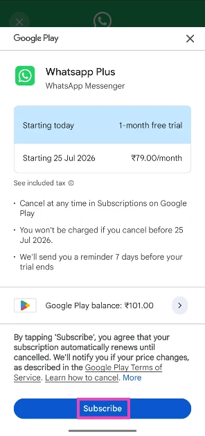 You will be redirected to a Google Pay payment window. Hit Subscribe. The Rs 79 subscription fee will be deducted from your account once the trial month is over.