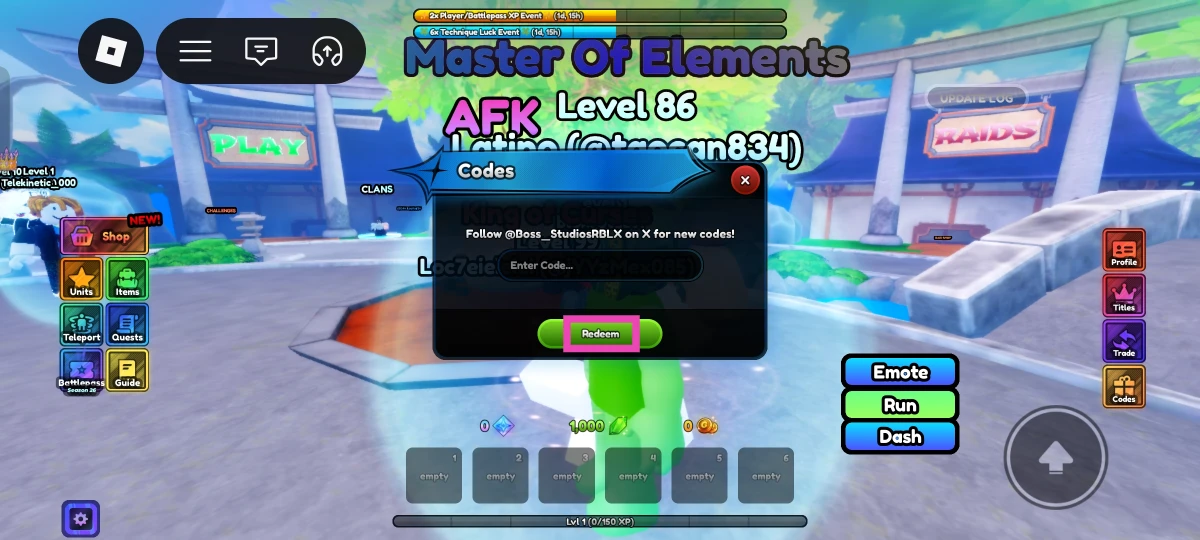 Enter the code in the text box that says ‘Codes here…’.