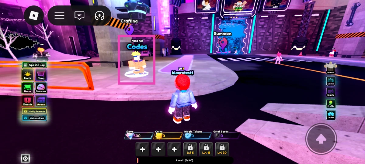 Walk up to the Naruto figure that has the Codes title on top.