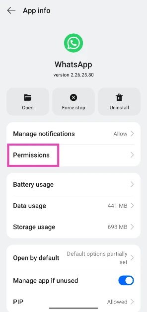 Step 3: Tap on Permissions.