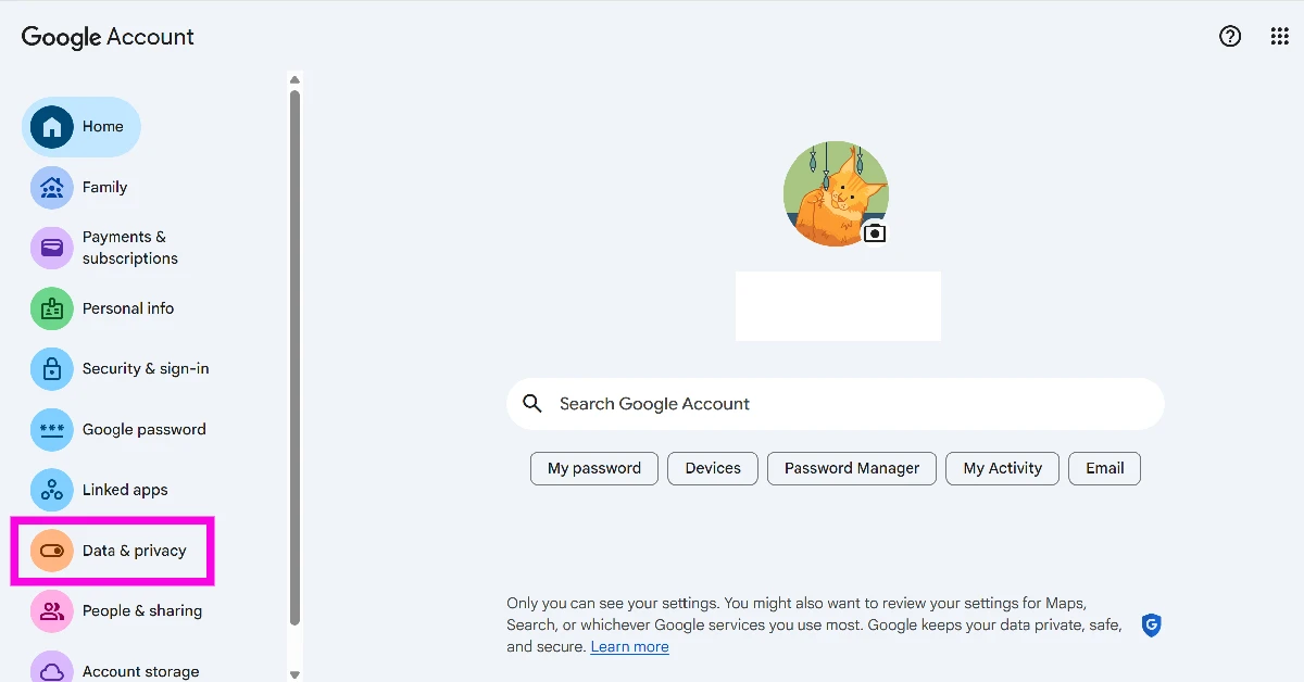 Step 2: Select Data & privacy from the sidebar.