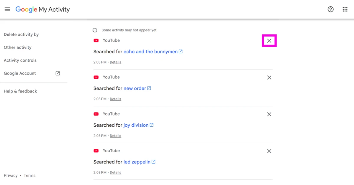 Step 4: Hit the cross icon next to the YouTube entry you wish to delete.