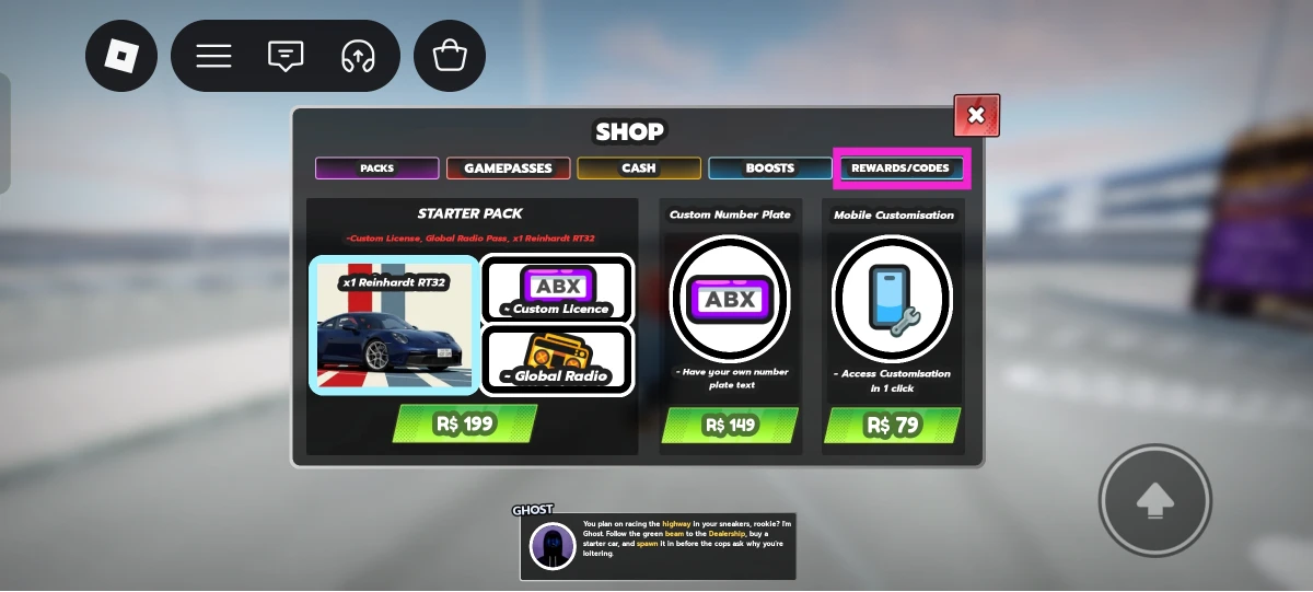 Switch to the Rewards/Codes tab.