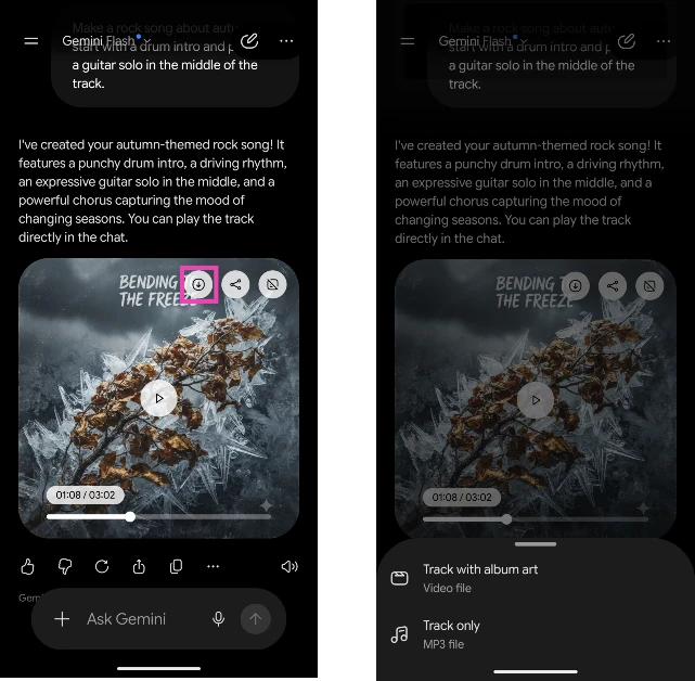 Tap the arrow icon on the song’s thumbnail to save it on your device. How to Generate a Song Using Google Gemini