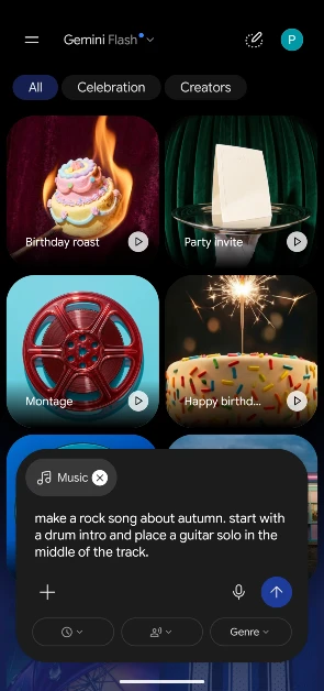 Enter your prompt in the text box. You can tap the plus icon again and select Photos to upload an image from your phone’s gallery. Gemini will derive content from the image to use in the song. How to Generate a Song Using Google Gemini